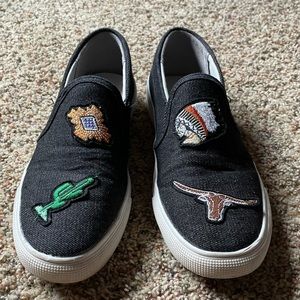 Vintage Havana patched, black denim, slip-ons sz 8